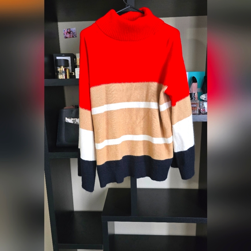 H by Halston Red, Tan, White, and Black Turtleneck Sweater